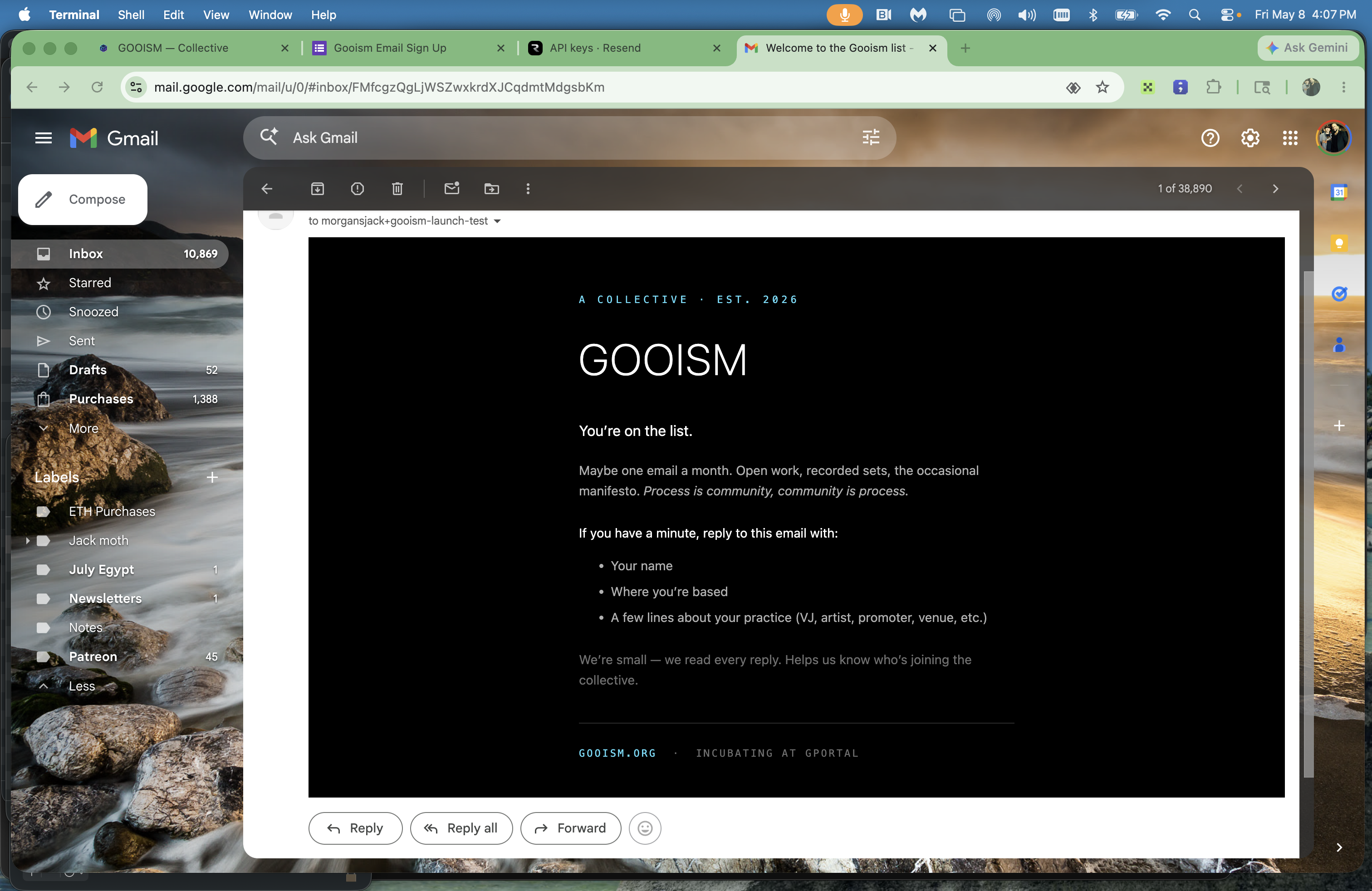 Welcome email preview — black background, GOOISM wordmark, You're on the list, monthly cadence note, reply prompt asking for name + location + practice